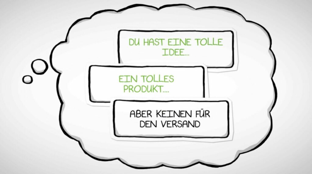 Illustration in Form einer Sprechblase mit den Texten „Du hast eine tolle Idee…“, „Ein tolles Produkt…“, „aber keinen für den Versand“, als Teaser für die Fulfillment‑Lösung von Bonum Logistik