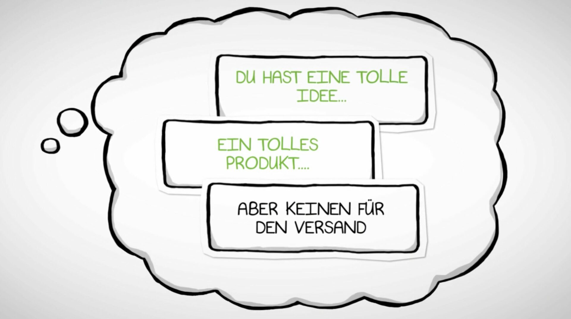 Illustration in Form einer Sprechblase mit den Texten „Du hast eine tolle Idee…“, „Ein tolles Produkt…“, „aber keinen für den Versand“, als Teaser für die Fulfillment‑Lösung von Bonum Logistik